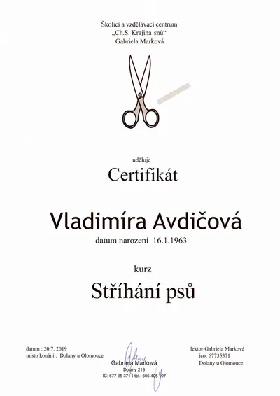 Certifikát – kurz stříhání psů